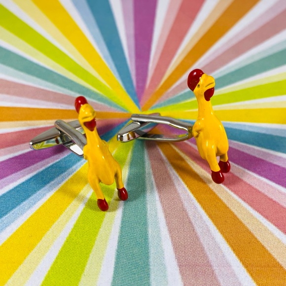 Hilarious rubber chicken men’s gag gift cuff links enamel and chrome. - Picture 3 of 5